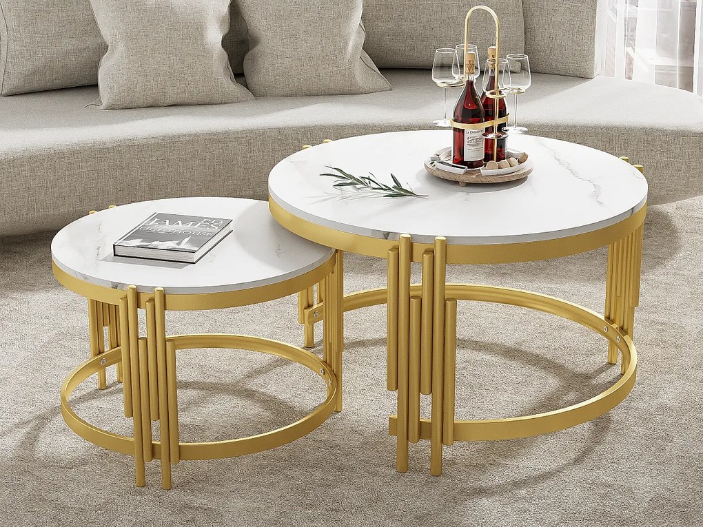Zestaw 2 stolików kawowych - efekt marmuru - metalowa konstrukcja - Biały i Złoty