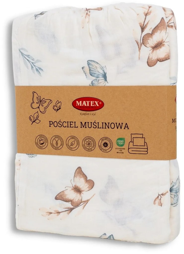 Matex Pościel muślinowa Motyle, 140 x 200 cm, 70 x 90 cm