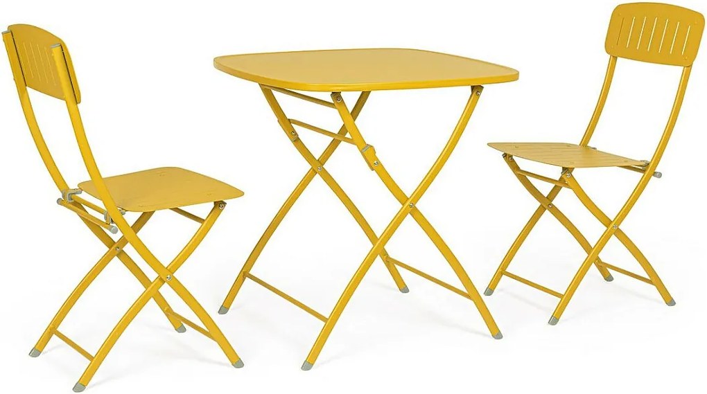 Zestaw bistro ze stalowym stołem i 2 krzesłami w kolorze żółtej ochry - YVONNE