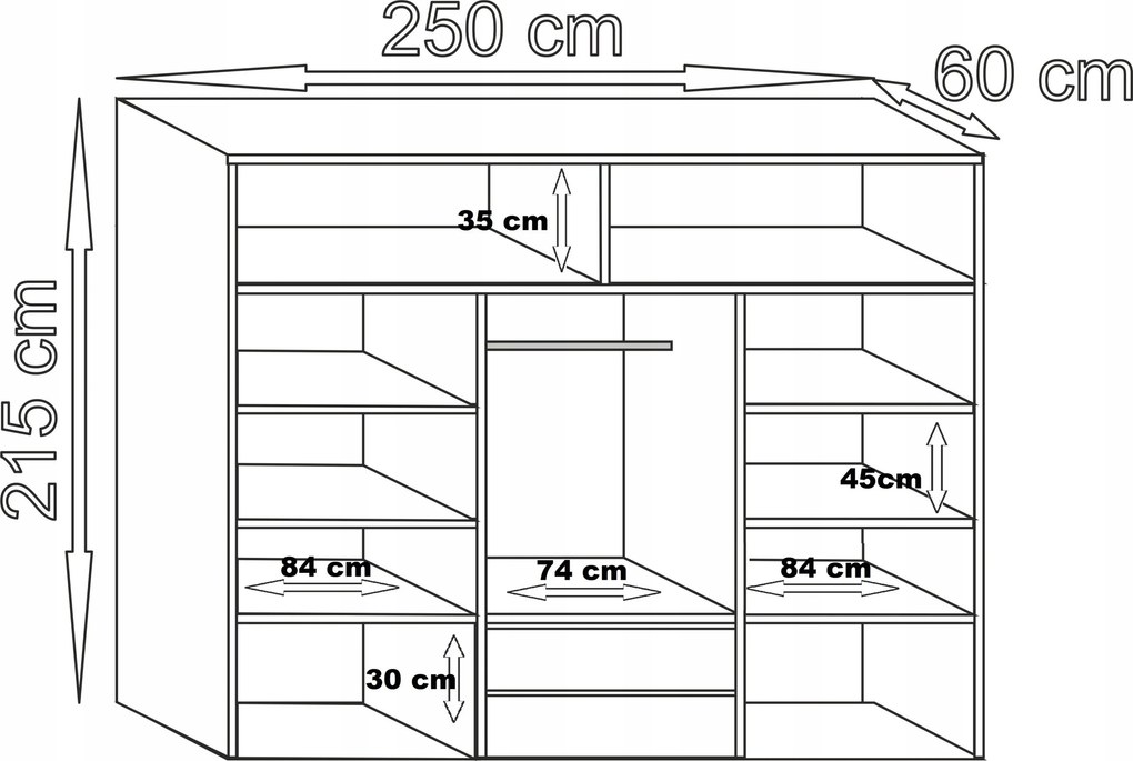 Szafa Przesuwna MARTINA 250 cm z Lustrem Szafa Trzydrzwiowa Dąb sonoma