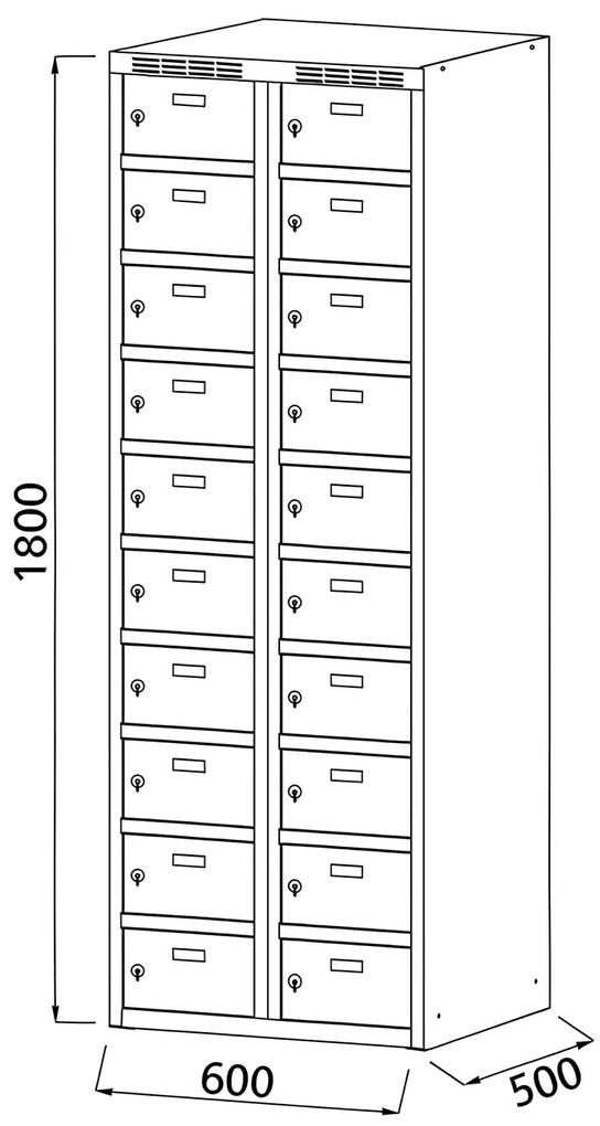 Alfa 3 Szafka skrytkowa, 20 schowków, 1800 x 600 x 500 mm, zamek obrotowy, drzwi ciemnoszare
