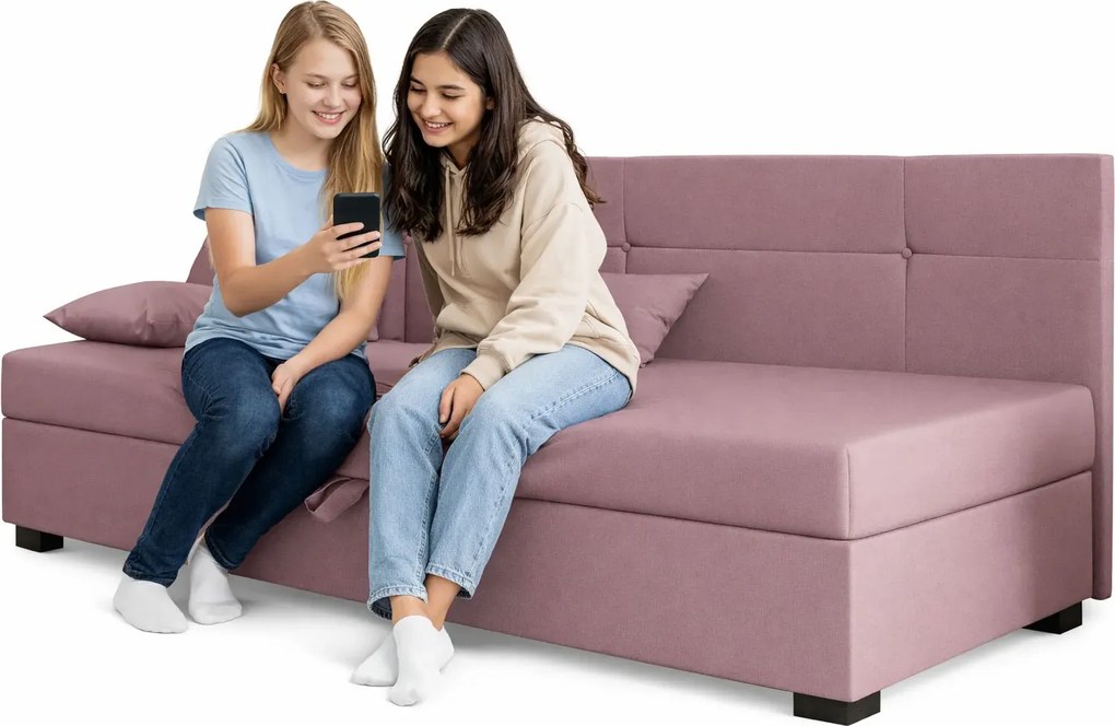 Różowy młodzieżowy tapczan z pikowanym bokiem P1-T99