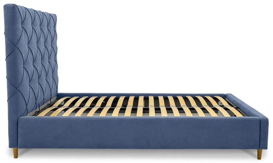 Niebieskie tapicerowane łóżko dwuosobowe ze schowkiem i stelażem 140x190 cm Bee – Scandic