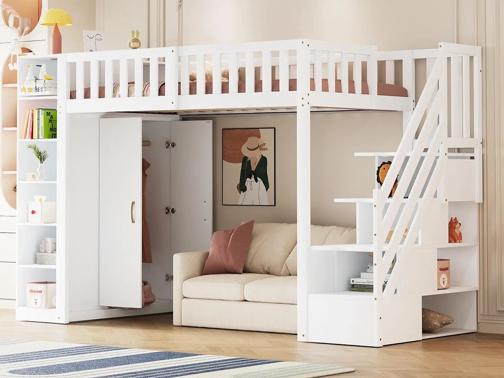 Łóżko na antresoli 90x200 cm - z półkami - z przegródkami i szafkami - z drabinką - biały (materac nie jest wliczony w cenę)