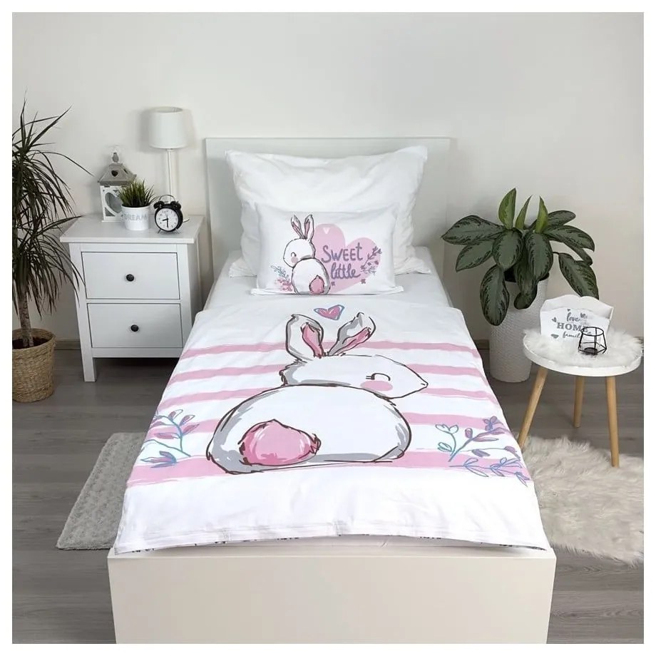 Biała/różowa bawełniana pościel dziecięca do łóżeczka 100x135 cm Bunny "Sweet" – Jerry Fabrics