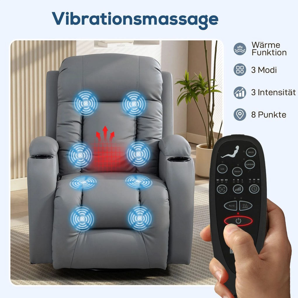 HOMCOM Fotel masujący z funkcją kołysania, leżenia i ogrzewania, 3 tryby, obracany, Jasnoszary | Aosom PL