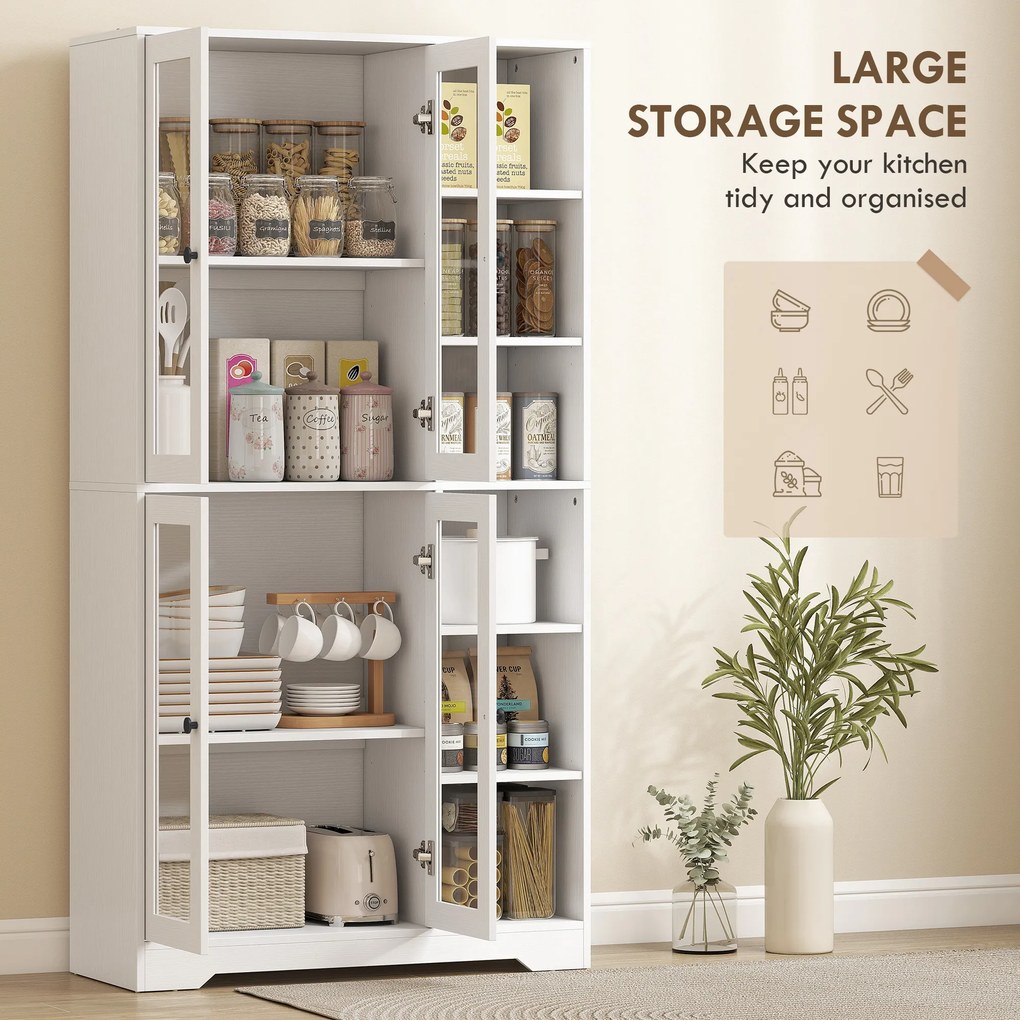 HOMCOM Szafka kuchenna z drzwiami szklanymi, półki, otwarte przegrody, 172 cm, MDF, Biały