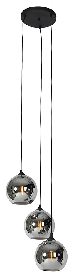 Lampa wisząca w stylu art deco czarna z przydymionym szkłem 3-światłowa - Wallace ArtDeco Oswietlenie wewnetrzne