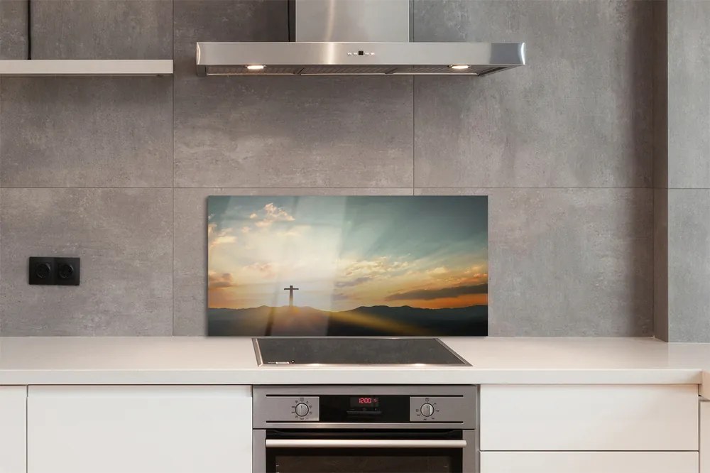 Szklany Panel Krzyż w Górach o Zachodzie Słońca