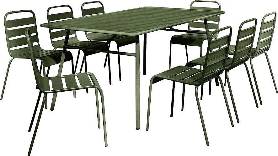 Metalowy zestaw ogrodowy - stół dł. 200 cm i 8 krzeseł sztaplowanych - Khaki - MIRMANDE od MYLIA