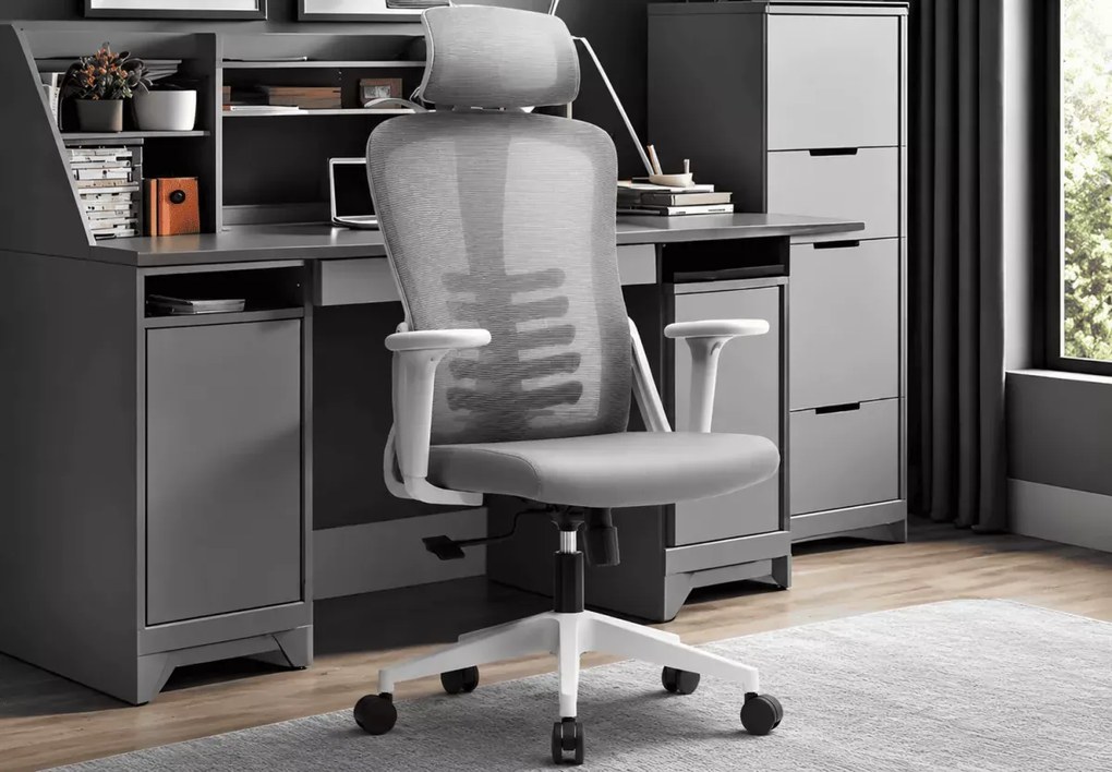Ergonomiczny fotel burowy obrotowy Komoso – regulowany zagłówek, podłokietniki 3D