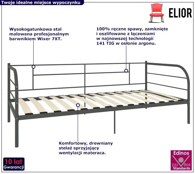 Szare metalowe łóżko pojedyncze 90x200 cm - Erea