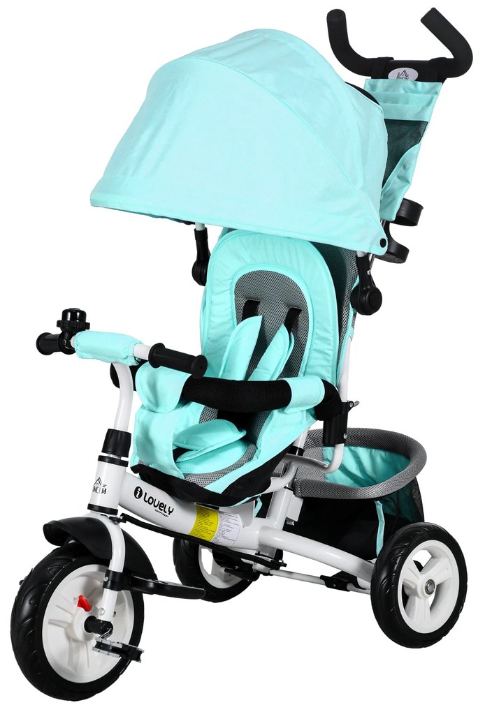 HOMCOM Rowerek Trójkołowy dla Dzieci, Zielony, z Koszykiem, Uchwytem na Kubek, Odnawialnym Daszkiem, Metal