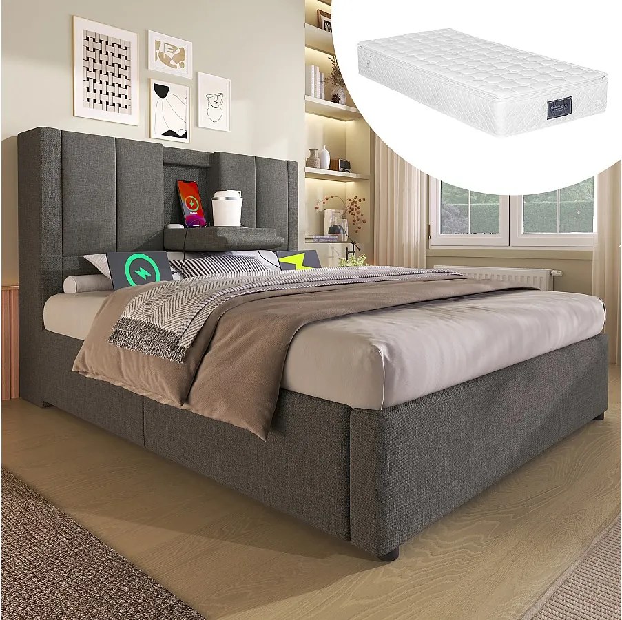 Łóżko tapicerowane z pojemnikiem na pościel - 90 x 200 cm - z ukrytym uchwytem na kubek i stacją ładującą - len - szare (z materacem)