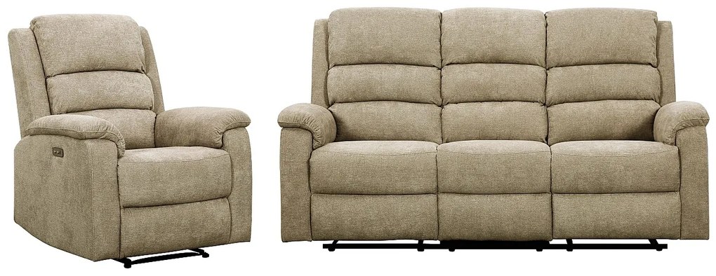 Kanapa 3-osobowa i fotel z elektryczną funkcją relax rozkładany z tkaniny taupe NEVERS