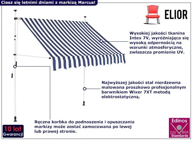 Markiza balkonowa ręcznie zwijana niebiesko-białe pasy - Marcus