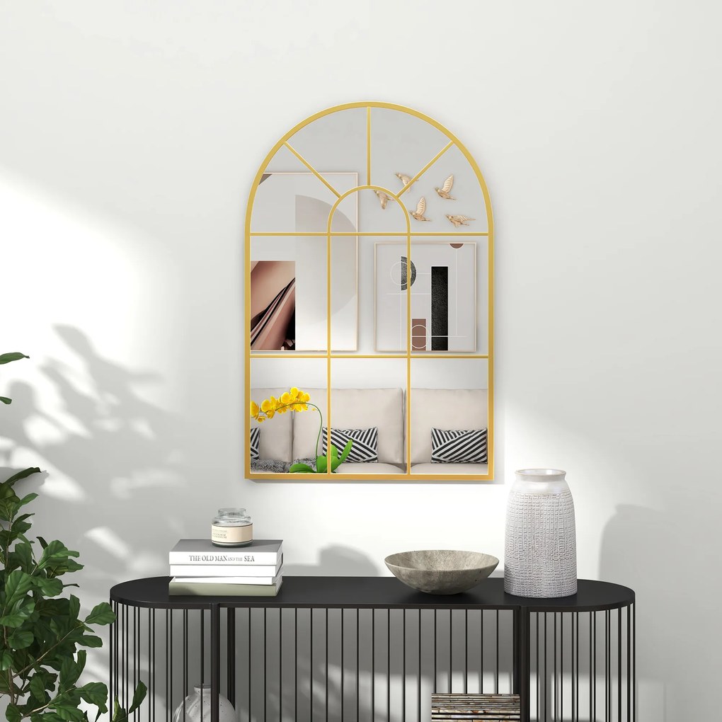 HOMCOM Lustro Ścienne, Projekt Okna, Lustro Korytarzowe, Metalowa Rama, 91 x 60 cm, Złote