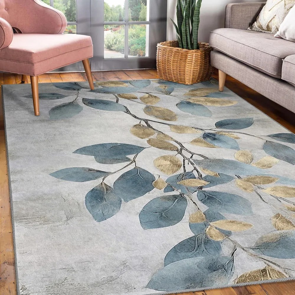 Chodnik w jasnoniebiesko-złotym kolorze odpowiedni do prania 80x200 cm Golden Leaves – Mila Home