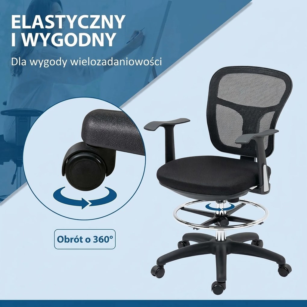 Vinsetto Krzesło do Rysowania Ergonomiczne Obrotowe Regulacja Wysokości Czarne | Aosom PL