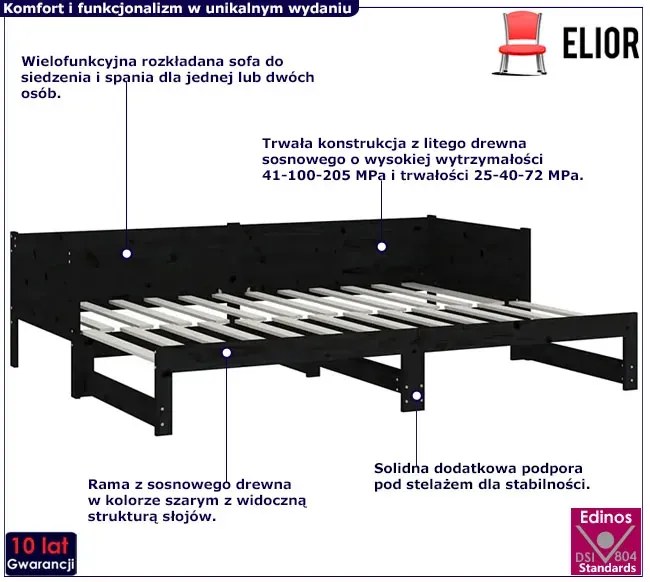 Czarne łóżko rozkładane z litego drewna 2x(80x200) cm - Eluwin 3X