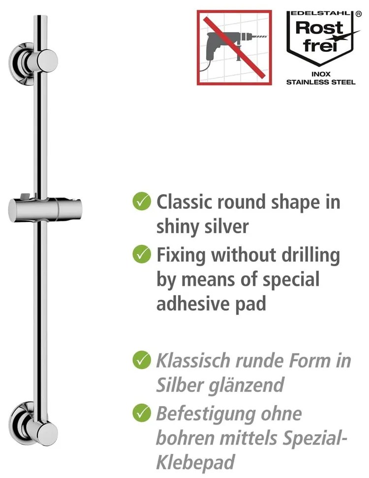 Samoprzylepny drążek prysznicowy na słuchawkę ze stali nierdzewnej w kolorze błyszczącego srebra 70 cm – Wenko