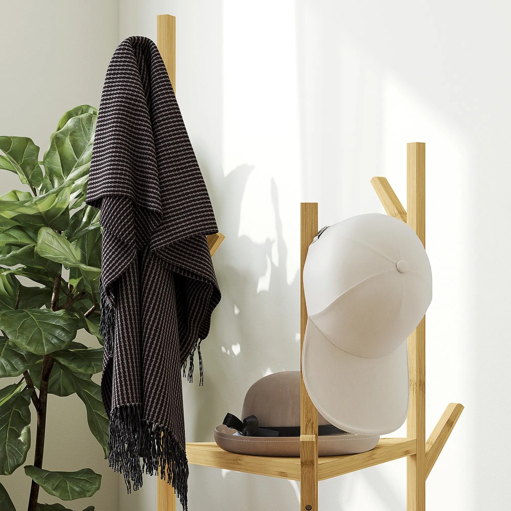 HOMCOM Wieszak na Ubrania z Bambusa, 8 Haków, 3 Półki, Naturalny