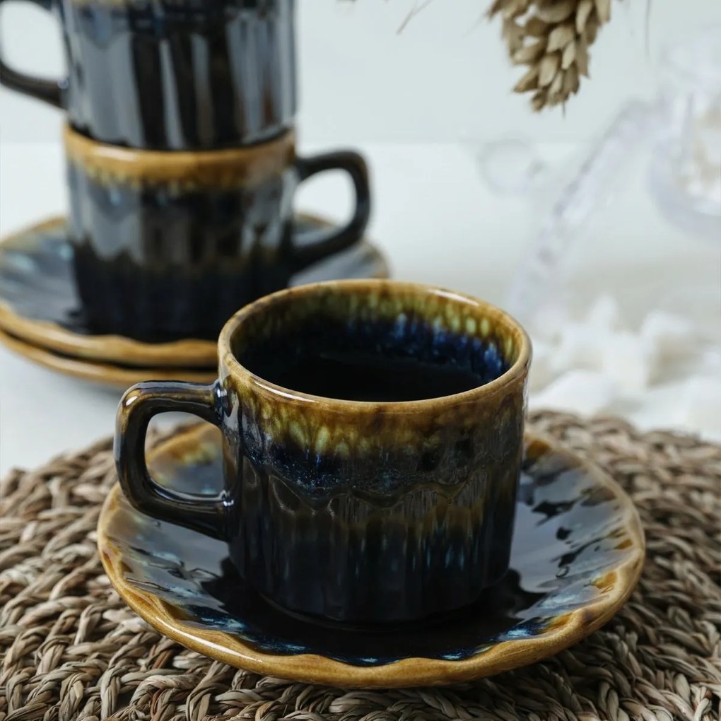 Zestaw 6 filiżanek z kamionki ze spodkami Elementa 185 ml, ciemnoniebieski