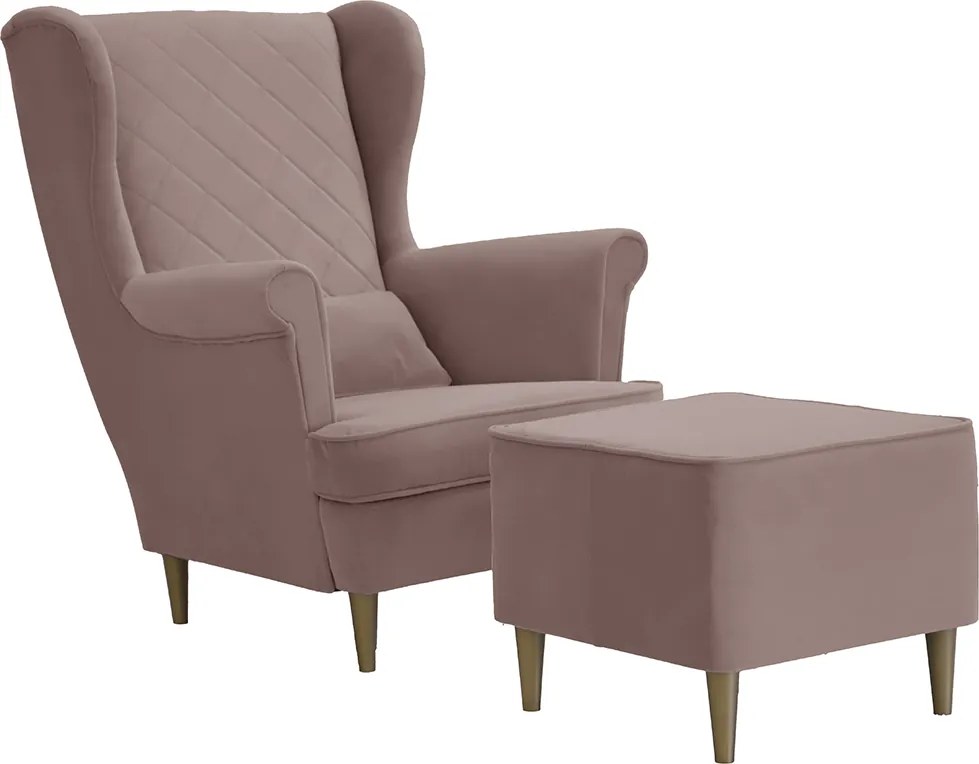 Fotel uszak skandynawski z podnóżkiem CLEO Jasny różowy