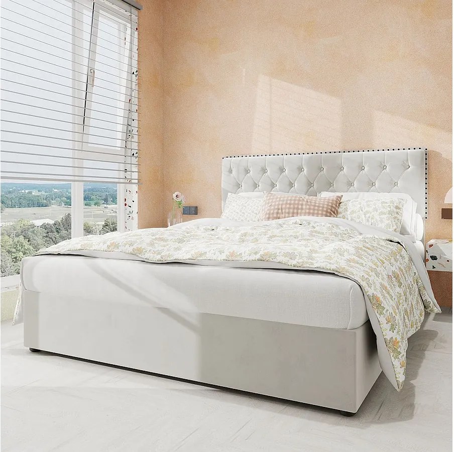 Łóżko z pojemnikiem 140 x 200 cm - Łóżko podwójne z miękkim zagłówkiem i pojemnikiem - beżowy aksamit - materac nie jest wliczony w cenę