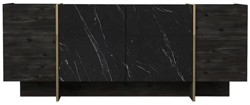 Komoda - 4-drzwiowa – efekt czarnego marmuru, ciemny naturalny i złoty – CADEBA
