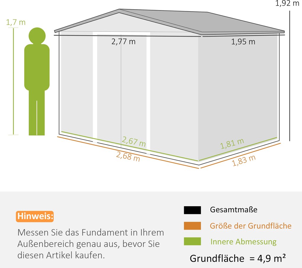 Outsunny Schowek na narzędzia z metalu z drzwiami przesuwnymi i oknami wentylacyjnymi, 277 x 195 x 192 cm, Szary