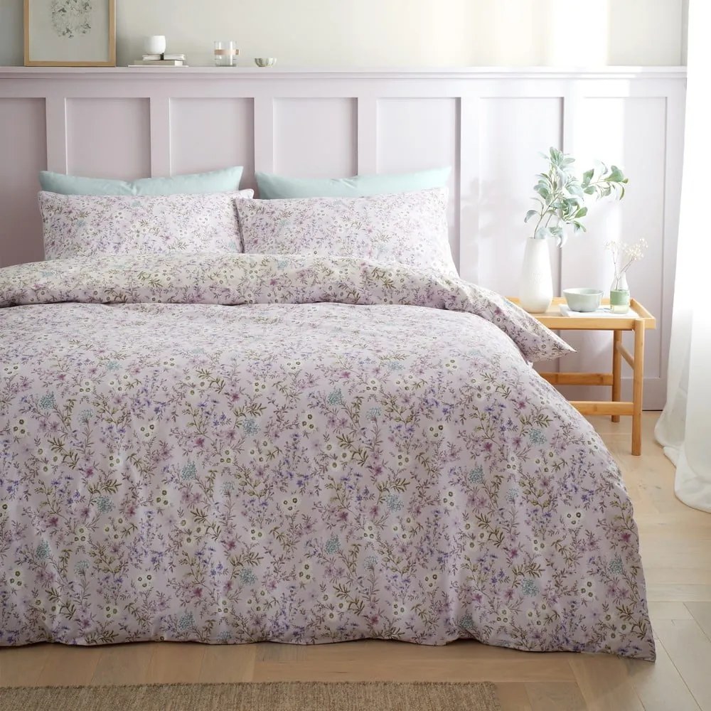 Lawendowo-beżowa bawełniana pościel jednoosobowa 135x200 cm Ditsy Floral – Bianca