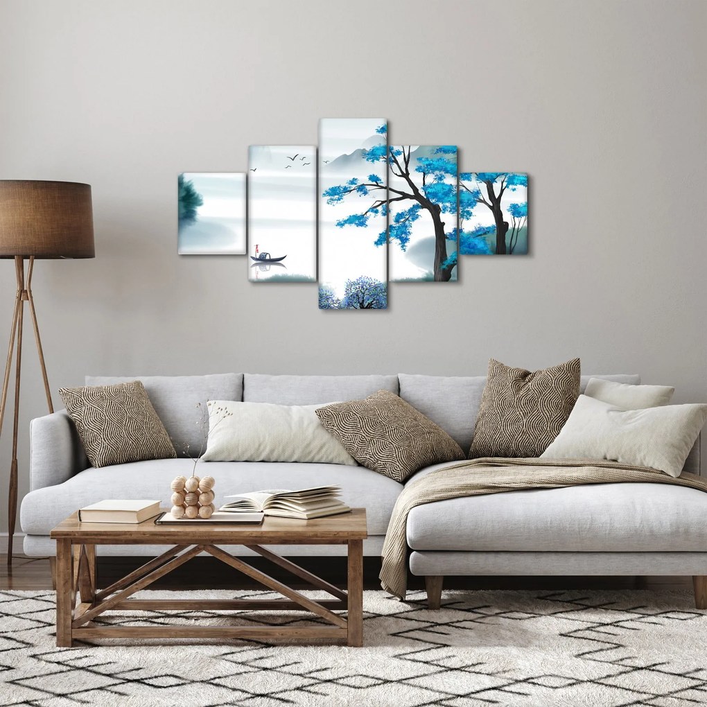 Obraz - Malowane jezioro z łódką (125x70 cm)