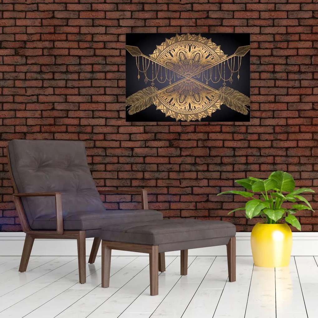 Obraz na szkle - Złota mandala ze strzałkami (70x50 cm)