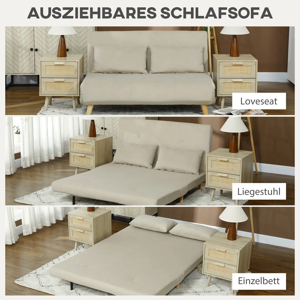 HOMCOM Relaksacyjna Sofa z Funkcją Spania, w zestawie 2 Poduszki, Wygląd Aksamitu, 130 x 78 x 79 cm, Beżowa