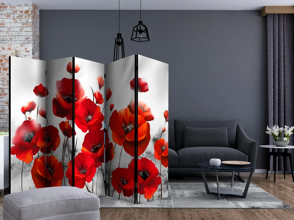 Parawan dwustronny Kwiaty 225x172 cm 5-częściowy szary ARTGEIST B