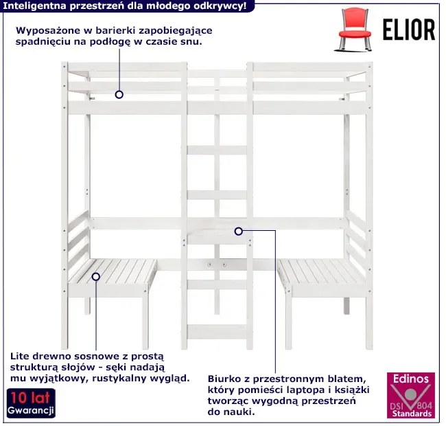 Piętrowe białe łóżko z biurkiem i krzesłami 90x190 - Devrix 5X