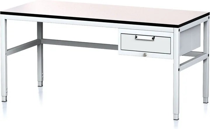 Stół warsztatowy MECHANIC II, 1600 x 700 x 745-985 mm, 1 kontener szufladowy, szary