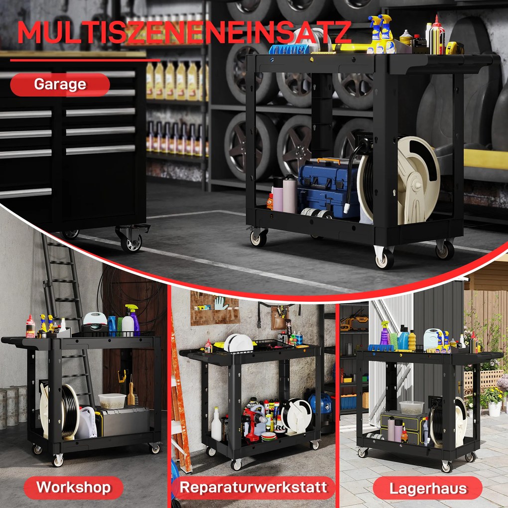 HOMCOM Wózek narzędziowy z 2-poziomowymi półkami, uchwyt, koła, Plastik, Czarny