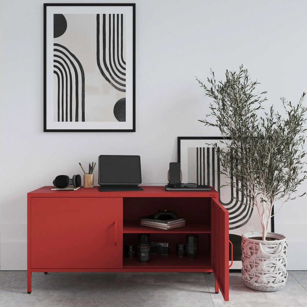 Szafka RTV metalowa na nóżkach czerwona Modern ROSA 1150 x 595 x 400 mm