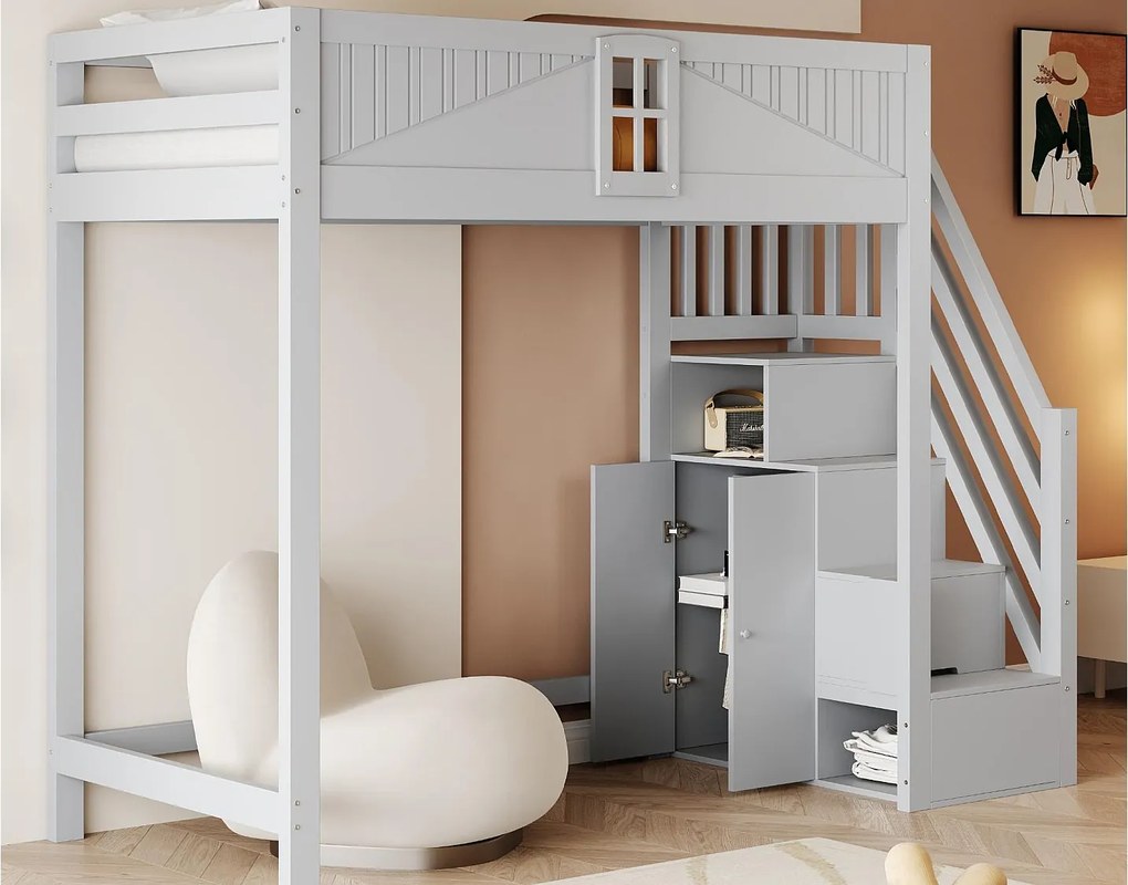 Łóżko na antresoli 90x200 cm - z bezpieczną drabiną z pojemnikami - z barierką bezpieczeństwa - szary​ (materac nie jest wliczony w cenę)