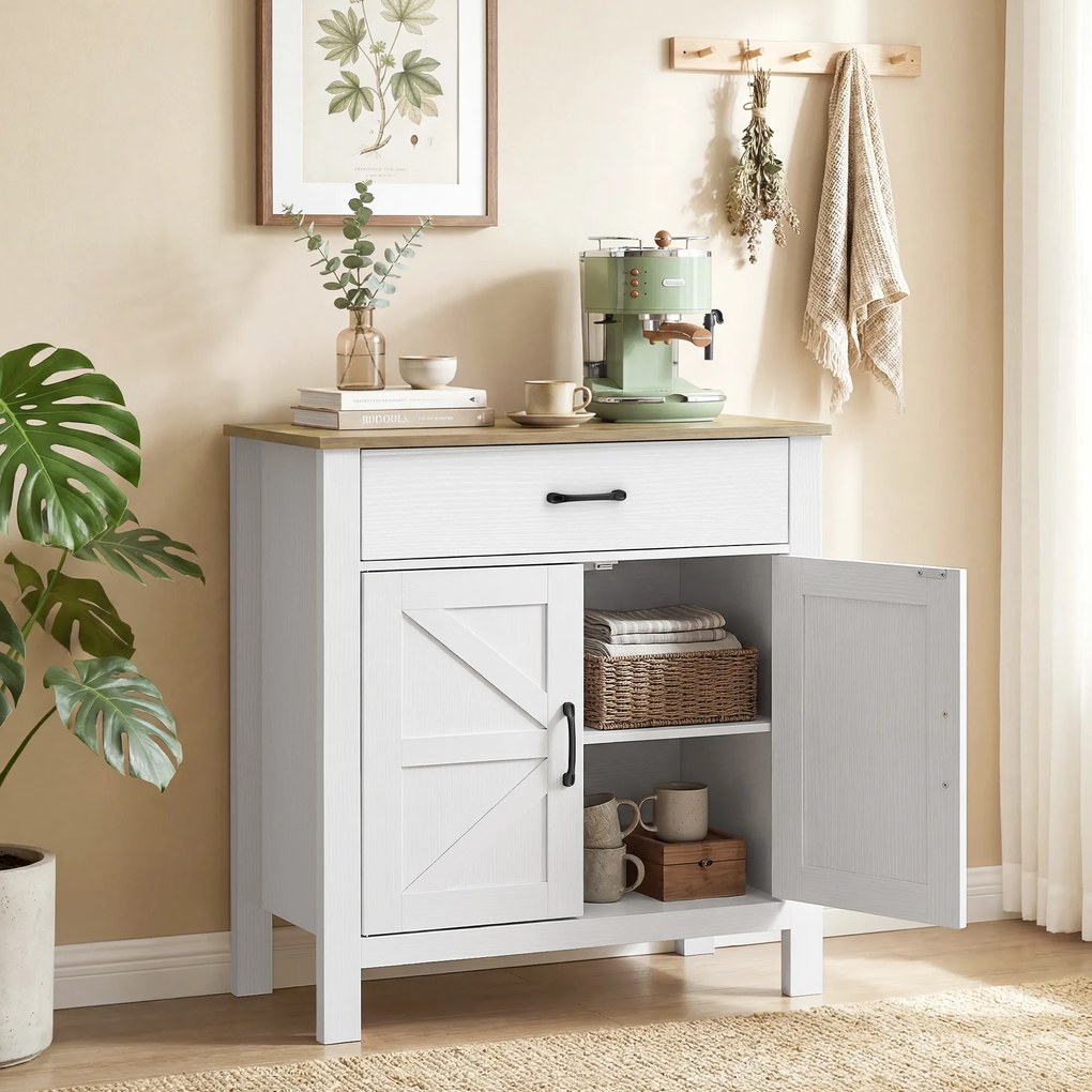 HOMCOM Komoda bufet w stylu wiejskim, szafka kuchenna z przesuwnymi drzwiami i regulowaną półką, biała | Aosom PL