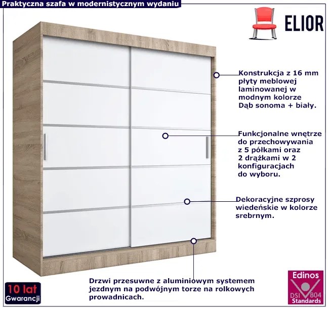 Szafa przesuwna dąb sonoma + biały 180 cm - Bohosa 5X