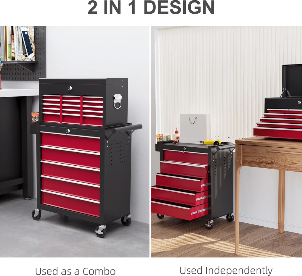 HOMCOM Wózek narzędziowy, dwuczęściowy, zamykany, z 14 szufladami, perforowaną ścianą, stal, Czerwony