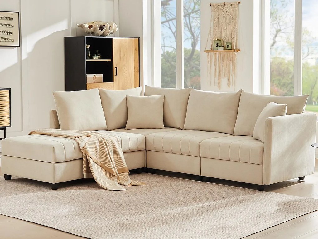 Nowoczesna narożna kanapa - 5-osobowa - z rozkładanym podnóżkiem - w kształcie L - beżowa