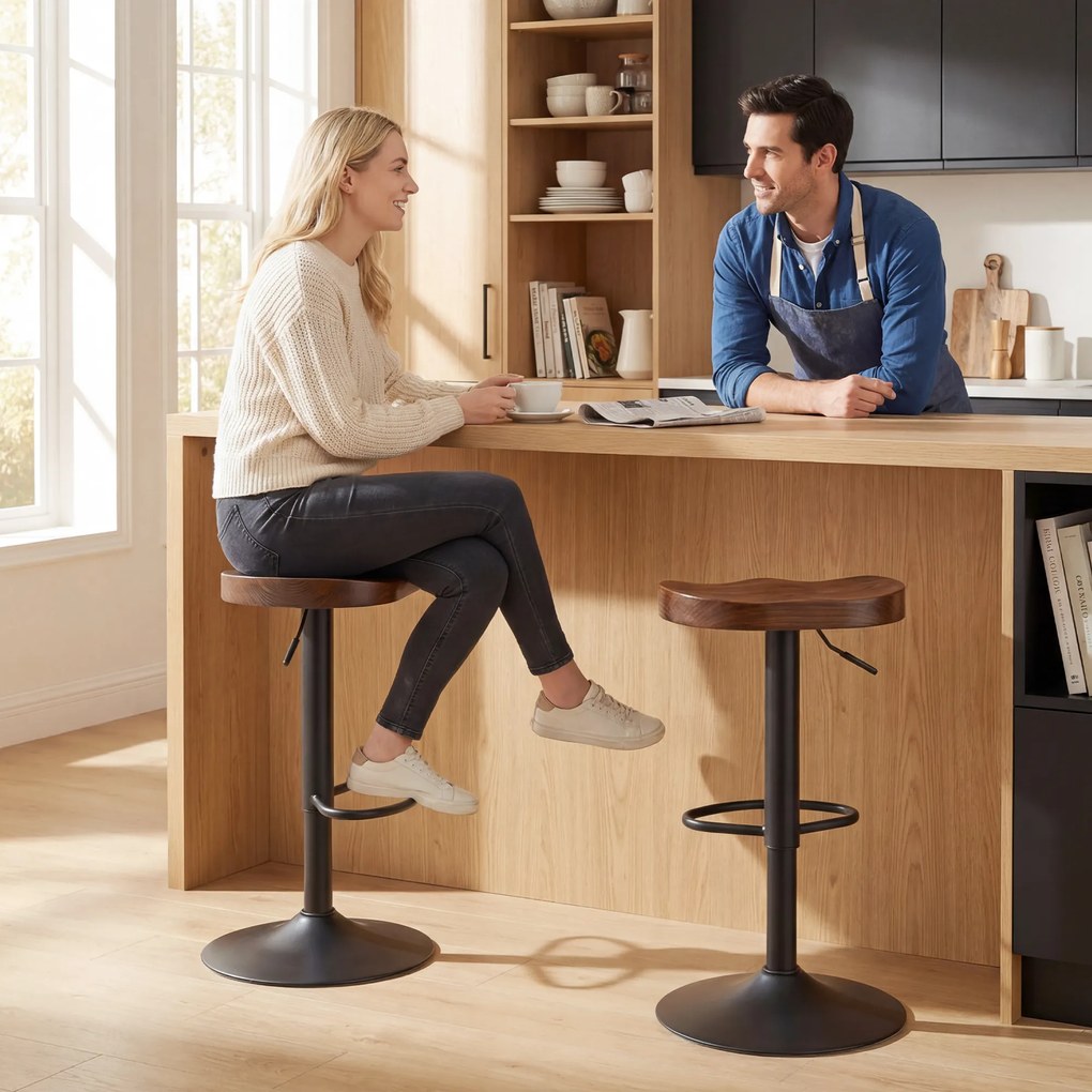 HOMCOM Hokery zestaw 2 sztuki, regulowane obrotowe krzesła z siedziskiem z wiązu, ciemnobrązowe | Aosom PL