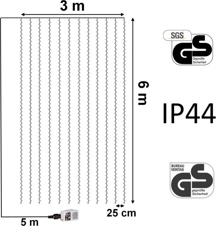 Świąteczna kurtyna świetlna - 3x6m, 600 LED, kolorowa