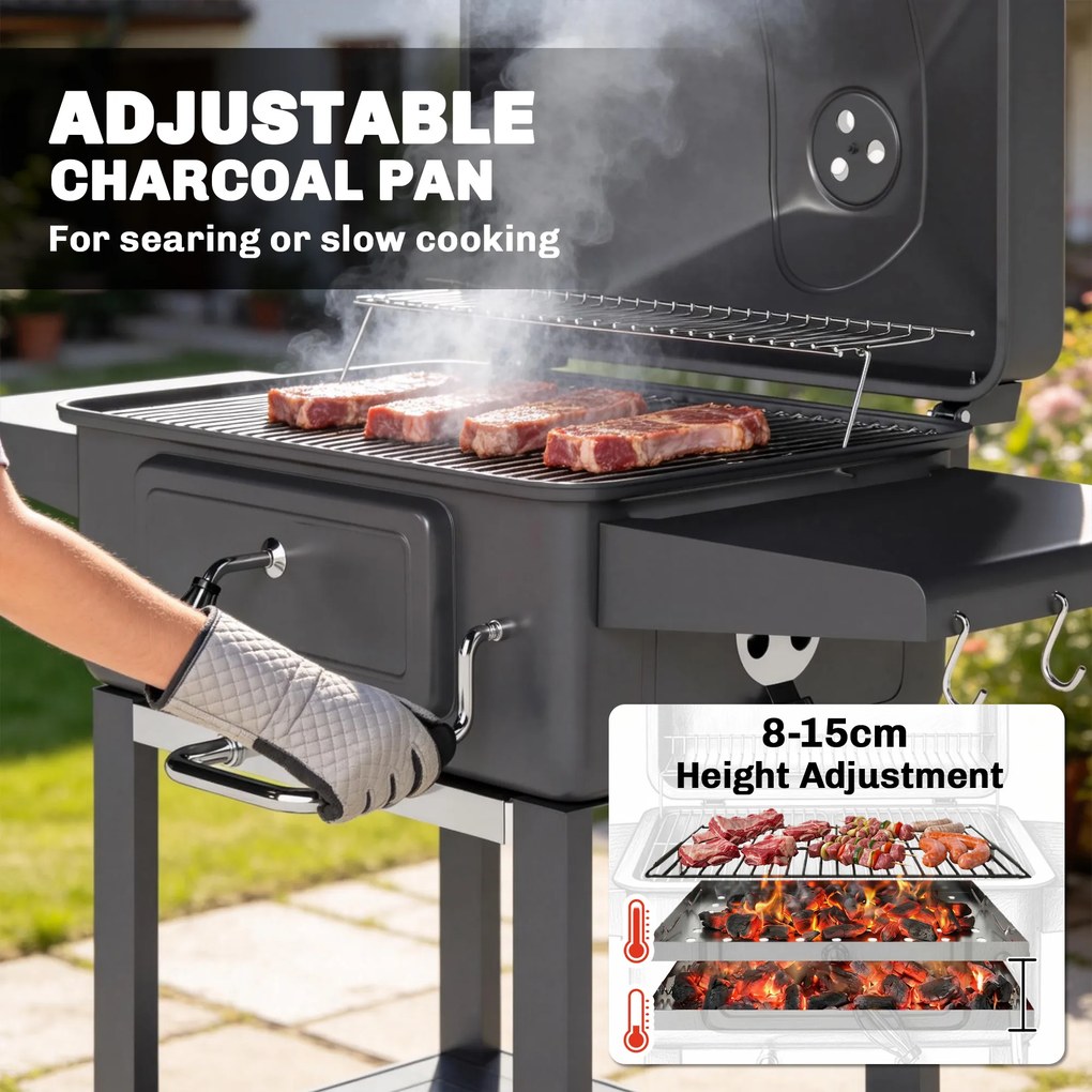 Outsunny Grill węglowy BBQ Smoker z pokrywą, termometrem, regulowaną tacą na węgiel, rusztem, bocznym stołem i szufladą na popiół | Aosom PL