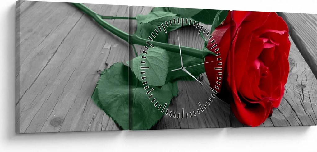 Obraz - Czerwona róża z zieloną łodygą (z zegarem) (90x30 cm)
