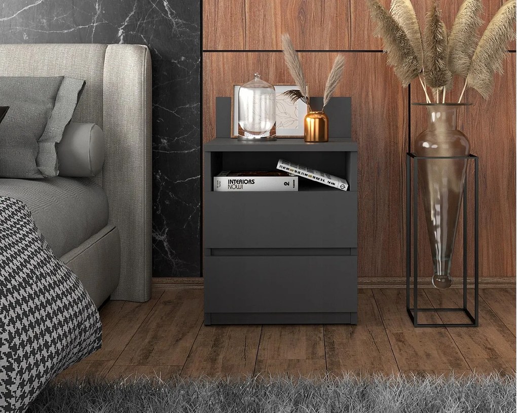 Duża Szafka Nocna Szary Mat 40 CM 2 Szuflady 1 Półka Stolik Nakastlik 40x32x59 CM